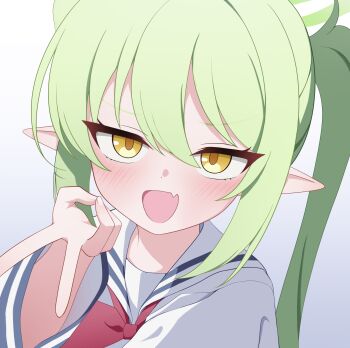 1girl absurdres blue_archive blush commentary_request dress fang green_hair green_halo halo highres long_hair looking_at_viewer neckerchief nozomi_(blue_archive) open_mouth pointy_ears red_neckerchief sailor_collar sailor_dress sailor_shirt school_uniform serafuku shirt sidelocks simple_background skin_fang solo twintails user_shjm4774 v white_background yellow_eyes