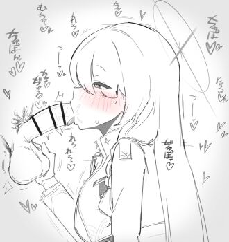 1boy 1girl bagaponchi bar_censor blue_archive blush censored commentary_request erection fellatio from_side general_student_council_president_(blue_archive) gloves halo heart heart-shaped_pupils hetero highres long_hair long_sleeves oral penis solo_focus spot_color symbol-shaped_pupils testicle_grab testicles tongue tongue_out white_background