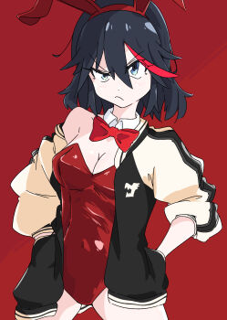 1girl animal_ear_hairband animal_ears black_hair bow bowtie breasts cleavage covered_navel detached_collar fake_animal_ears frown hairband hands_in_pockets highres jacket kill_la_kill leotard looking_at_viewer matoi_ryuuko multicolored_hair open_clothes open_jacket playboy_bunny r150tt0 rabbit_ear_hairband rabbit_ears red_background red_bow red_bowtie red_hair red_leotard short_hair simple_background solo streaked_hair