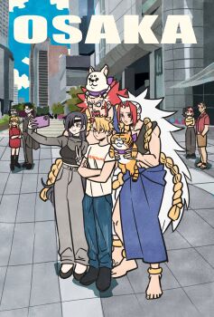 4boys 4girls :< alternate_costume animal animal_on_head anklet asa_(yomi_no_tsugai) barefoot black_hair blonde_hair blue_pants cat clothes_writing commentary_request crossed_arms danno_hana demon dog dog_on_head eyepatch gabriel_(yomi_no_tsugai) gabu_(yomi_no_tsugai) glasses grey_pants hidari_(yomi_no_tsugai) highres holding holding_animal holding_cat horns jewelry jiro_(yomi_no_tsugai) kagemori_jin kotetsu_(yomi_no_tsugai) long_hair migi_(yomi_no_tsugai) multicolored_hair multiple_boys multiple_girls necktie on_head pants print_shirt red_eyes red_hair red_shirt sandals selfie sharp_teeth shirt short_hair single_horn skin-covered_horns tadera_ryuu takeuchi_ryousuke teeth two-tone_hair v vest waistcoat white_hair white_shirt yellow_shirt yomi_no_tsugai yuru_(yomi_no_tsugai)