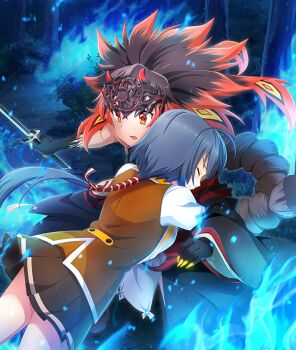 2girls asakura_mihono black_hands black_kimono blue_fire blue_hair brown_hair brown_skirt brown_vest claws closed_eyes colored_extremities eye_in_hair fire forehead_protector forest game_cg hair_ribbon holding holding_sword holding_weapon hug japanese_clothes katana kimono long_hair low_ponytail multicolored_hair multiple_girls nature night official_art open_mouth osafune_girls_academy_school_uniform outdoors path ponytail red_eyes red_hair red_ribbon ribbon road rope school_uniform setouchi_chie shimenawa shirt skirt striped_ribbon sword third-party_source toji_no_miko toji_no_miko:_kizamishi_issen_no_tomoshibi two-tone_hair very_long_hair vest weapon white_shirt