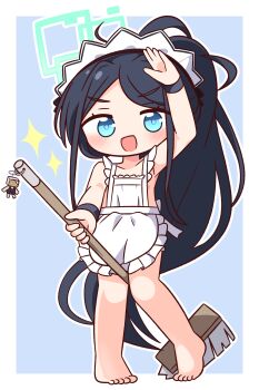 Rule 34 | 1girl, :d, absurdres, ahoge, apron, aris (blue archive), aris (maid) (blue archive), arm up, barefoot, black hair, blue archive, blue background, blue eyes, blush, border, broom, collarbone, commentary request, full body, green halo, halo, hana kazari, highres, holding, holding broom, long hair, looking at viewer, maid headdress, naked apron, open mouth, outline, outside border, parted bangs, rectangular halo, simple background, smile, solo, sparkle, standing, v-shaped eyebrows, very long hair, white apron, white border, white outline