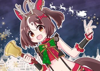 1girl animal_ears bell breasts brown_eyes brown_hair christmas fake_horns gran_alegria_(smile_my_way!)_(umamusume) gran_alegria_(umamusume) hair_ornament hairband highres horns horse_ears horse_girl horse_tail looking_at_viewer midriff navel simple_background small_breasts solo tail tokidome_zamao umamusume x_hair_ornament