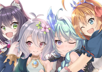 Rule 34 | 4girls, :d, ;), ;d, ahoge, animal ear fluff, animal ears, antenna hair, aqua hair, bare shoulders, black hair, blue eyes, blue sleeves, blush, braid, breasts, cat ears, cat girl, closed mouth, commentary request, detached sleeves, elf, fang, flower, gourmet guild (princess connect!), green eyes, grey hair, hair between eyes, hair flower, hair ornament, hair ribbon, hyper muteki (ningen no kuzu), ice horns, ice shard, karyl (princess connect!), kokkoro (princess connect!), large breasts, long hair, looking at viewer, medium hair, multiple girls, one eye closed, open mouth, orange hair, pecorine (princess connect!), pink flower, pointy ears, princess connect!, puffy short sleeves, puffy sleeves, purple eyes, red eyes, red ribbon, ribbon, sheffy (princess connect!), short hair, short sleeves, side braid, single braid, single hair intake, small breasts, smile, tiara, upper body, white background