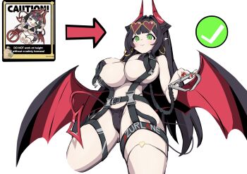1girl absurdres azur_lane bikini black_bikini boring8 breasts cameltoe commentary copyright_name demon_girl demon_horns demon_tail demon_wings earrings eyewear_on_head gluteal_fold goetz_von_berlichingen_(azur_lane) goetz_von_berlichingen_(rapture_beneath_the_blood_moon)_(azur_lane) green_eyes harness heart heart-shaped_eyewear highres hoop_earrings horns huge_breasts jewelry light_blush long_hair official_alternate_costume parted_lips pointy_ears red_horns red_nails simple_background slit_pupils solo sunglasses swimsuit tail thigh_strap white_background wings
