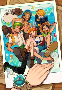 &gt;_o +++ 1girl 4boys bangle bare_legs black_hair black_jacket black_pants blonde_hair blue_shorts boned_meat boots bracelet brown_boots brown_eyes brown_overalls cigarette compass crossed_legs devil_fruit_power elasticity facial_scar flower food food_in_mouth fur-trimmed_shorts fur_trim goggles goggles_on_headwear going_merry green_hair grin hair_flower hair_ornament hand_on_headwear hashtag-only_commentary hat heart highres jacket jewelry ki2ri5 log_pose long_nose looking_at_viewer map meat monkey_d._luffy multiple_boys nami_(one_piece) nami_(one_piece)_(east_blue) one_eye_closed one_piece open_mouth orange_hair overalls pants photo_(object) pov pov_hands red_shirt roronoa_zoro sandals sanji_(one_piece) sash scar scar_on_cheek scar_on_face shirt short_hair short_sleeves shorts smile sparkle straw_hat straw_hat_pirates extendable_limbs usopp v v-neck white_shirt