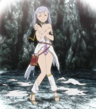 1girl absurdres bag bare_shoulders black_clover blush book bookshelf breasts cleavage closed_eyes covering_breasts covering_privates dot_nose dress embarrassed female_focus full_body grey_hair grimoire highres large_breasts legs long_hair no_bra noelle_silva panties sexually_suggestive skirt smile solo solo_focus stitched teeth thighs third-party_edit torn_clothes torn_dress torn_skirt twintails underwear waist_bag white_dress white_panties white_skirt