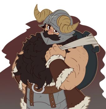 1boy bara beard biceps cowboy_shot dungeon_meshi dwarf facial_hair fake_horns helmet horned_helmet horns long_beard looking_at_viewer male_focus muscular muscular_male mustache revenantlink senshi_(dungeon_meshi) solo standing thick_mustache unfinished very_long_beard wok