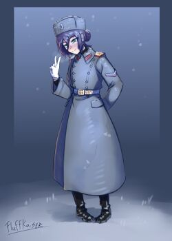 1girl absurdres arm_behind_back black_boots black_coat blush boots chainsaw_man coat commentary english_commentary fluffkaiser full_body fur_hat gloves hat highres long_sleeves military_uniform papakha reze_(chainsaw_man) russian_flag russian_ground_forces sash shoulder_boards smile snow snowing soldier solo standing v waist_sash white_gloves winter_clothes