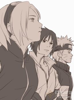 1girl 2boys artist_name chara_no7 commentary_request expressionless forehead_protector greyscale hairband haruno_sakura headband highres jacket looking_up monochrome multiple_boys naruto_(series) naruto_shippuuden short_hair twitter_username uchiha_sasuke uzumaki_naruto watermark