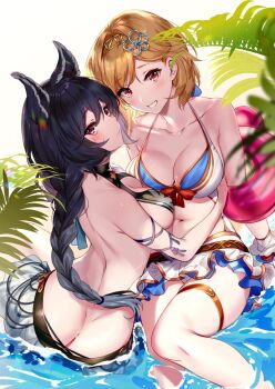 Rule 34 | 2girls, aki663, animal ears, ass, breast press, butt crack, cameltoe, clothes lift, djeeta (granblue fantasy), garters, granblue fantasy, highres, multiple girls, nier (granblue fantasy), see-through clothes, skirt, skirt lift, swimsuit, symmetrical docking, water, wet