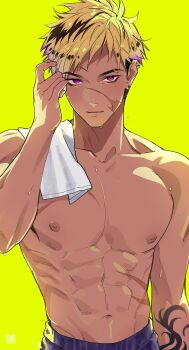 030dollar 1boy abs absurdres arm_tattoo arm_up black_hair blonde_hair broad_shoulders closed_mouth collarbone cowboy_shot ear_piercing earrings eyebrow_cut groin hashtag-only_commentary highres jewelry looking_at_viewer male_focus multicolored_hair navel nijisanji nijisanji_en nipples pectorals piercing pink_eyes scar scar_on_face solo streaked_hair tattoo topless_male towel towel_on_one_shoulder vantacrow_bringer virtual_youtuber