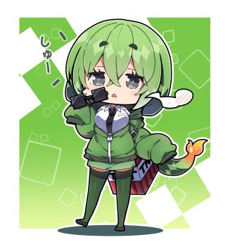 Rule 34 | 1girl, absurdres, black necktie, black shoes, breasts, character request, chibi, collared shirt, commentary request, explosive, fangs, full body, green background, green hair, green jacket, green skirt, green thighhighs, grey eyes, highres, holding, holding removed eyewear, jacket, large breasts, long sleeves, milkpanda, minecraft, necktie, parted lips, puffy long sleeves, puffy sleeves, shadow, shirt, shoes, short eyebrows, skirt, sleeves past fingers, sleeves past wrists, solo, standing, standing on one leg, steam, sunglasses, tail, thick eyebrows, thighhighs, tnt, tnt block (minecraft), translation request, unworn eyewear, white shirt