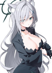 Rule 34 | 1girl, adjusting clothes, adjusting gloves, animal ear fluff, animal ears, black choker, black dress, black eyes, black gloves, black halo, black jacket, blue archive, breasts, bright pupils, broken halo, choker, cleavage, cropped jacket, dress, evangelion: 3.0+1.0 thrice upon a time, gloves, hair over one eye, halo, highres, jacket, large breasts, long hair, mismatched pupils, neon genesis evangelion, open mouth, rebuild of evangelion, shiroko (blue archive), shiroko terror (blue archive), simple background, solo, upper body, very long hair, white background, white pupils, wolf ears, wolf girl, yon (letter)