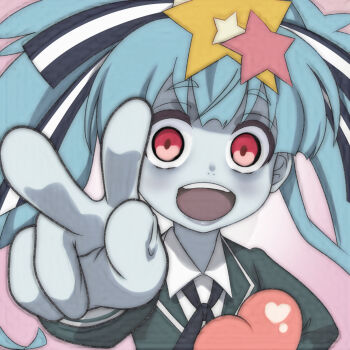 1girl black_ribbon blue_hair colored_skin green_jacket grey_skin hair_ornament hair_ribbon heart hoshikawa_lily jacket long_hair long_sleeves looking_at_viewer neck_ribbon open_mouth pink_background red_eyes ribbon school_uniform shirt smile standing star_(symbol) star_hair_ornament t_jiroo_(ringofriend) teeth twintails upper_body v white_shirt zombie zombie_land_saga