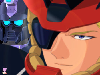 1boy absurdres artist_logo artist_name berga_giros blonde_hair blue_eyes blurry blurry_foreground commentary_request crossbone_vanguard eyepatch glowing glowing_eyes gundam gundam_f91 helmet highres logo male_focus mecha mecha_pilot_suit medal mobile_suit nyahoekaki1 pilot portrait robot science_fiction signature smirk space_helmet zabine_chareux