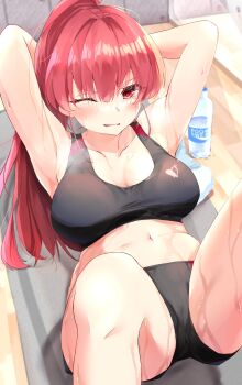 1girl absurdres arms_behind_head arms_up blush bottle buruma exercising gym highres hololive houshou_marine long_hair looking_at_viewer lying mat mirror nachio91 navel on_back on_floor one_eye_closed pocari_sweat ponytail red_eyes red_hair sit-up solo sports_bra stomach sweat virtual_youtuber water_bottle wooden_floor workout_clothes