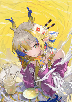 1girl absurdres arknights bare_shoulders blonde_hair blue_hair braid breasts closed_mouth commentary_request dragon_girl dragon_horns dragon_tail dress earrings flower gn_tuituji gradient_hair green_eyes hair_between_eyes head_rest highres horns jewelry light_blush long_hair long_sleeves looking_at_viewer multicolored_hair official_alternate_costume pointy_ears shu_(arknights) shu_(spring_feast)_(arknights) slit_pupils small_breasts smile solo steepled_fingers tail upper_body white_hair