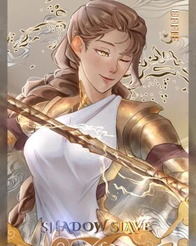 1girl ;) aphora armor braid brown_hair character_name commentary contrapposto copyright_name cowboy_shot effie_(shadow_slave) english_commentary head_tilt highres holding holding_polearm holding_weapon one_eye_closed polearm robe shadow_slave single_braid smile spear weapon white_robe yellow_eyes