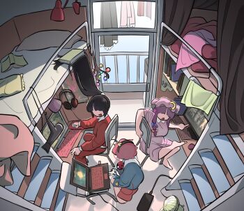 balcony barefoot bed black_hair black_hairband blanket blouse blue_shirt book bookshelf branch bunk_bed chair collared_shirt computer contemporary controller crescent crescent_hat_ornament crescent_pin door dress elden_ring electric_fan frilled_shirt_collar frilled_sleeves frills frogsnake game_controller hair_dryer hair_ornament hairband hat hat_ornament headphones heart heart_hair_ornament heart_of_string hime_cut houraisan_kaguya jeweled_branch_of_hourai komeiji_satori ladder lamp laptop long_dress long_hair long_skirt long_sleeves mob_cap on_chair pajamas patchouli_knowledge pink_hair pink_skirt ponytail poster_(object) purple_hair red_pajamas ribbon_trim shirt short_sleeves skirt slice_of_life smile touhou very_long_hair video_game wide_sleeves window