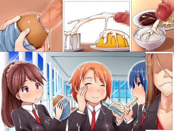 Rule 34 | 3girls, blush, bowl, brown hair, censored, cum, cum in container, cum on body, cum on food, cum on hair, cum on upper body, cum string, cumdrip, ejaculation, food, giji eizan, gokkun, hair ornament, happy, highres, indoors, long hair, multiple girls, orgasm, penis, short hair, smile