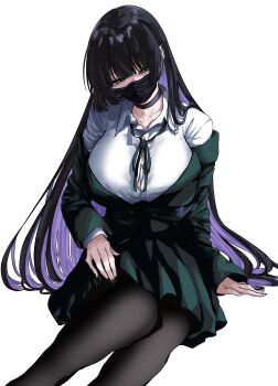 1girl black_choker black_hair black_jacket black_mask black_nails black_pantyhose black_skirt bocchi_the_rock! breasts button_gap choker colored_inner_hair earclip green_eyes highres jacket large_breasts long_hair long_sleeves mask mouth_mask multicolored_hair nail_polish pa-san pantyhose purple_hair revision simple_background sitting skirt sleeves_past_wrists solo very_long_hair white_background yukahire