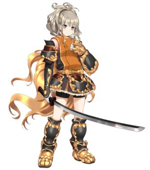 1girl alpha_transparency armor armored_boots boots closed_mouth full_body game_cg grey_hair hand_on_own_chest holding holding_sword holding_weapon ikezawa_shin japanese_armor japanese_clothes kariginu katana kote kusazuri non-web_source official_art shishiou_(tenka_hyakken) shoulder_armor sode solo sword tenka_hyakken transparent_background weapon yellow_eyes
