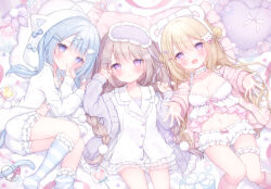 3girls :d :o animal_ears animal_hood babydoll bear_ears bear_hair_ornament biting biting_own_thumb blonde_hair blue_bow blue_eyes blue_hair blue_socks blush bow box braid breasts brown_hair candy cardigan cat_hair_ornament cleavage collarbone commentary_request dated double_bun eye_mask fake_animal_ears fang food frilled_panties frilled_socks frilled_thigh_strap frills gift gift_box hair_bun hair_ornament head_on_pillow heart heart-shaped_food heart-shaped_lollipop heart-shaped_pillow highres hood hood_bow hooded_jacket jacket large_breasts lollipop long_hair long_sleeves low_twin_braids low_twintails lying mask mask_on_head medium_hair midriff multiple_girls navel omochi_monaka on_back on_side open_cardigan open_clothes open_mouth original outstretched_arms panties parted_lips pillow pink_cardigan pink_socks pom_pom_(clothes) pom_pom_hair_ornament purple_cardigan purple_eyes reaching reaching_towards_viewer shaped_lollipop shirt shorts signature skin_fang smile socks striped_clothes striped_socks thigh_strap twin_braids twintails underwear white_babydoll white_jacket white_panties white_shirt white_shorts yume_kawaii