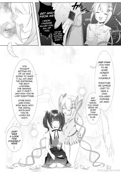 2girls ame-chan_(needy_girl_overdose) arms_behind_back attack blank_stare blunt_bangs bow broken_mirror chouzetsusaikawa_tenshi-chan closed_eyes constricted_pupils crack cracked_glass dual_persona english_text falling_feathers feathered_wings feathers full_body greyscale hair_bow hair_ornament hair_over_one_eye hand_on_own_leg highres hug_from_side ixopod kneeling looking_at_another mirror monochrome multiple_girls multiple_hair_bows neck_ribbon needy_girl_overdose quad_tails reverse_suspended_congress ribbon seiza sex_from_behind short_twintails sidelocks sidestep sitting sound_effects speech_bubble teeth throwing translation_request twintails upper_teeth_only white_wings wide-eyed wings x_hair_ornament
