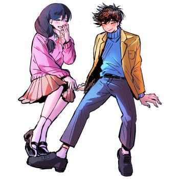 1boy 1girl :d ^_^ ankle_socks antenna_hair arm_support belt black_belt black_hair black_shoes blue_pants blue_sweater blush brown_hair brown_skirt bu3hgg closed_eyes closed_mouth denim double-parted_bangs film_grain fingernails full_body hair_behind_ear hair_between_eyes hair_ribbon hand_on_own_cheek hand_on_own_chin hand_on_own_face hand_up hero_(faraway)_(omori) hero_(omori) highres invisible_chair jacket jeans lapels layered_sleeves long_hair long_sleeves low-tied_long_hair mari_(faraway)_(omori) mari_(omori) mary_janes medium_skirt official_alternate_costume official_alternate_hairstyle omori open_clothes open_jacket open_mouth pants pink_sweater pleated_skirt pocket puffy_long_sleeves puffy_sleeves red_ribbon ribbon shoes short_hair simple_background sitting skirt smile socks spread_legs sweater sweater_tucked_in teeth turtleneck turtleneck_sweater upper_teeth_only white_background white_socks yellow_jacket