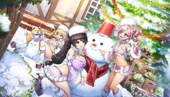 3girls :d :o animal bikini bikini_skirt blonde_hair breasts brown_eyes brown_hair building_snowman capelet christmas christmas_ornaments christmas_tree cleavage dark-skinned_female dark_skin day detached_sleeves dog dolphin_wave fang fur-trimmed_bikini fur-trimmed_capelet fur-trimmed_headwear fur-trimmed_sleeves fur_trim game_cg hair_bobbles hair_intakes hair_ornament high_heels highres kazami_ellen kneeling large_breasts long_hair looking_at_another low-tied_long_hair medium_hair midriff mole mole_on_breast mole_under_mouth multiple_girls navel non-web_source official_art ootomo_takuji open_mouth outdoors parted_lips pink_bikini pink_eyes pink_hair ponytail purple_bikini red_eyes red_scarf santa_bikini santa_costume scarf side_ponytail sitting small_breasts smile snow snowing snowman star_ornament surprised swimsuit twintails urami_kana winter_clothes yamaba_yume yellow_bikini