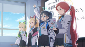 >:) 4girls :d aged_up alternate_costume alternate_hair_length alternate_hairstyle animal_ear_headphones animal_ears aqua_halo aris_(blue_archive) arm_up black_hair black_hairband black_skirt black_suit blonde_hair blue_archive blue_eyes blue_necktie blue_sky blunt_bangs bow cat_ear_headphones cat_ears character_name character_print character_sticker clenched_hand closed_mouth collared_shirt commentary_request computer cowboy_shot day double-parted_bangs dress_shirt fake_animal_ears forehead formal_clothes glowing_pupils green_eyes green_halo grey_sweater_vest hair_between_eyes hair_bow hair_ornament hairband hairclip halo hamachikichiki hand_up headphones highres holding holding_laptop id_card indoors jacket jacket_partially_removed kei_(robot)_(blue_archive) laptop long_hair long_hair_between_eyes long_sleeves looking_ahead midori_(blue_archive) millennium_science_school_logo miniskirt momoi_(blue_archive) multiple_girls necktie neru_(blue_archive) noa_(blue_archive) one_side_up open_clothes open_jacket open_mouth parted_bangs parted_lips partial_commentary pink_halo pleated_skirt ponytail purple_eyes rectangular_halo red_eyes red_hair shirt side-by-side sidelighting sidelocks skirt sky smile split_mouth sticker suit sweater_vest tareme teeth textless_version upper_teeth_only v-shaped_eyebrows very_long_hair white_bow white_jacket white_shirt wide_sleeves window yellow_halo yuzu_(blue_archive)
