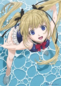 1girl :d artist_name barefoot black_ribbon blonde_hair blue_eyes blue_one-piece_swimsuit commentary_request dated dead_or_alive floating_hair from_above hair_ribbon hiragoma looking_at_viewer marie_rose marie_rose_(devilish_servant_against_the_splashing_waves) official_alternate_costume one-piece_swimsuit open_mouth ribbon smile solo swimsuit twintails wading water