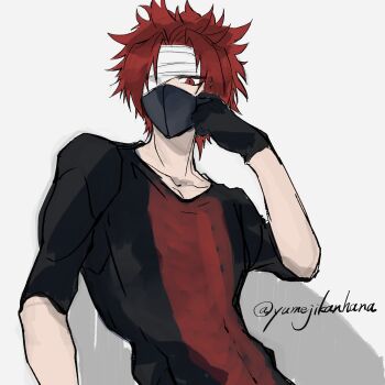 1boy absurdres alternate_costume bandages black_shirt brown_eyes brown_hair brown_shoes collarbone digimon digimon_(creature) highres mask mouth_mask one_eye_covered shirt shoes short_hair simple_background solo two-tone_shirt vulcanusmon white_background yumejikanhana