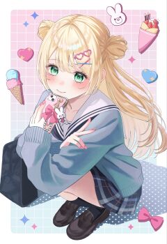 1girl black_shoes black_skirt black_socks blonde_hair blush border closed_mouth commentary double_bun green_eyes grey_sweater grid_background hair_bun highres kneeling long_hair looking_at_viewer miniskirt original pink_background ruruka_003 shoes skirt sleeves_past_wrists smile socks solo sweater symbol-only_commentary white_border