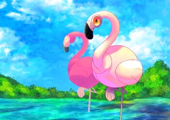 alternate_color animal_focus blue_sky closed_mouth cloud commentary_request day flamigo lake nintendo no_humans omega_takai orange_eyes outdoors pokemon pokemon_(creature) shiny_pokemon sky standing
