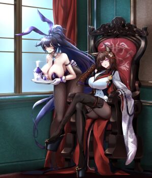 Rule 34 | 2girls, amagi (cv) (azur lane), animal ear fluff, animal ears, azur lane, bare shoulders, boots, breast rest, breasts, breasts on tray, brown hair, carried breast rest, carrying, crossed legs, fake animal ears, fishnet pantyhose, fishnets, fox ears, fox girl, gloves, high ponytail, highres, holding, holding tray, indoors, jacket, leaning forward, leotard, long hair, long sleeves, looking at viewer, multiple girls, musashi (azur lane), musashi (the purple rabbit&#039;s marksmanship) (azur lane), official alternate costume, pantyhose, platform, ponytail, purple eyes, purple leotard, purple trim, rabbit ears, rolingblade, sitting, sitting on throne, standing, strapless, strapless leotard, thigh boots, tray, very long hair, white gloves, white jacket, wide sleeves, yellow eyes