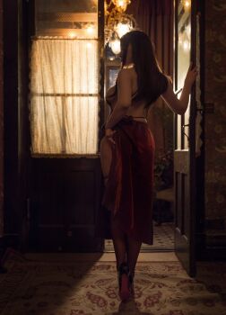 1girl back backboob breasts brown_hair chinese_(nationality) dress female_focus glass high_heels highres long_hair looking_back makachan_(model) medium_breasts model photo_(medium) real_life red_robe robe smile solo thighhighs