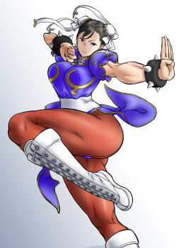 1girl blue_dress boots bracelet breasts bun_cover capcom china_dress chinese_clothes chun-li double_bun dress fighting_stance hair_bun highres jewelry knee_boots kyuugata large_breasts pantyhose pelvic_curtain puffy_sleeves sash short_sleeves simple_background solo spiked_bracelet spikes standing standing_on_one_leg street_fighter thick_thighs thighs white_background