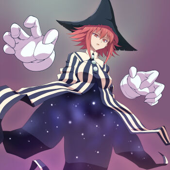 1girl absurdres asaricurry breasts brown_eyes brown_hair buttons floating gloves hat highres houshin_engi invisible kinkouseiba looking_at_viewer monster_girl no_hands robe short_hair simple_background solo spiked_hair striped_clothes white_gloves witch_hat