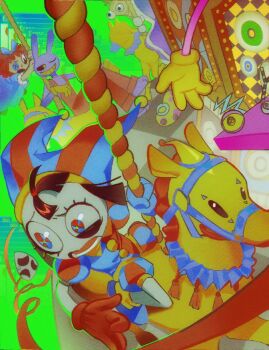 1other 2boys 3girls asymmetrical_eyes asymmetrical_gloves black_eyes black_hair blue_bow blue_dress blue_eyes blue_gloves bow button_eyes buttons cape carousel colored_eyelashes colored_sclera colored_skin colored_teeth crying crying_with_eyes_open desperation detached_eyes doll dress error_message falling fur-trimmed_cape fur-trimmed_robe fur_trim gangle_(the_amazing_digital_circus) gloves grin hair_bow hanging hat hat_bell highres jax_(the_amazing_digital_circus) jester jester_cap jester_costume kinger_(the_amazing_digital_circus) looking_at_another looking_down mismatched_eyelashes mismatched_gloves multicolored_eyes multicolored_hat multiple_boys multiple_girls no_nose one_eye_closed overalls pixelated pomni_(the_amazing_digital_circus) puffy_short_sleeves puffy_sleeves purple_cape purple_fur purple_robe ragatha_(the_amazing_digital_circus) red_eyes red_gloves red_hair red_overalls riding robe royal_robe scanlines short_hair short_sleeves smile smug striped_clothes striped_headwear tears the_amazing_digital_circus theatre_mask toothpaste_dd triangle_nose two-tone_eyes vertical-striped_bodysuit vertical-striped_clothes vertical-striped_headwear wall-eyed white_skin worried yellow_gloves yellow_sclera yellow_teeth zooble_(the_amazing_digital_circus)