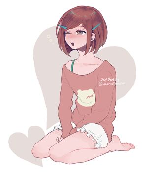 1girl barefoot bloomers blush collarbone commentary_request danganronpa_(series) danganronpa_v3:_killing_harmony dated eyelashes heart long_sleeves one_eye_closed open_mouth pajamas red_eyes red_hair red_shirt seiza shirt short_hair simple_background sitting solo strap twitter_username underwear white_background white_bloomers yamaikana yawning yumeno_himiko