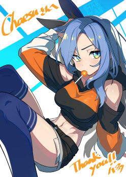 1girl arm_up bae_minah_(chaesu) black_shorts black_sweater blue_eyes blue_hair blue_hairband blue_thighhighs bow_hairband breasts candy clothing_cutout commission crop_top cropped_sweater exposed_pocket food hairband hata4564 highres hood hood_down hooded_sweater lollipop lollipop_in_mouth long_hair looking_at_viewer medium_breasts midriff mouth_hold orange_sweater original scratching_head short_shorts shorts shoulder_cutout skeb_commission solo sweater thighhighs