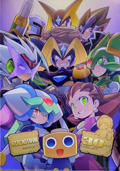 2girls 6+boys android anniversary arm_cannon armor assault_visor bass.exe_(mega_man) bass_(mega_man) biometal black_armor black_bodysuit black_coat black_helmet blue_eyes bodysuit brown_cape brown_cloak brown_hair cannon cape chest_jewel clenched_teeth cloak coat covered_face covered_mouth cowboy_shot cropped_jacket crossed_arms crotch_plate dress earrings em_wave_change_(mega_man) energy_sword evil_grin evil_smile facial_mark fang final_smash fins forehead_jewel forehead_protector gloves glowing glowing_hand glowing_hands gradient_background green_armor green_eyes green_hair green_helmet grey_hair grin hacking hair_pulled_back hair_slicked_back hairband head_fins headgear helmet highres holding holding_sword holding_weapon huge_weapon in-franchise_crossover jewelry long_hair looking_at_viewer mechanical_wings medium_hair mega_man_(classic) mega_man_(series) mega_man_battle_network_(series) mega_man_legends_(series) mega_man_star_force_(series) mega_man_star_force_3 mega_man_x_(series) mega_man_zero_(series) mega_man_zx mizuno_keisuke multiple_boys multiple_girls nero_l_(mega_man) netnavi non-web_source official_art open_mouth pandora_(mega_man) pantyhose pink_gloves pink_hairband power_armor powering_up purple_armor purple_eyes purple_helmet purple_visor red_eyes robot robot_ears robot_girl rockman_xover rogue_(mega_man) sage_harpuia_(mega_man) servbot_(mega_man) shooting_star short_hair short_sleeves shoulder_armor shoulder_cannon sigma_symbol simple_background skull-shaped_hat smile spiked_hair sword teeth tron_bonne_(mega_man) vile_(mega_man) weapon white_armor white_helmet winged_helmet wings