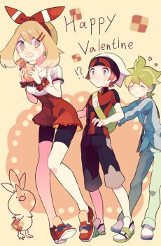 !? 1girl 2boys bike_shorts black_pants bow_hairband brendan_(pokemon) brown_eyes brown_hair checkerboard_cookie closed_mouth cookie embarrassed food gen_3_pokemon green_bag green_hair grey_eyes grey_pants grey_shirt hair_ornament hairband hairclip happy_valentine hat highres long_sleeves may_(pokemon) multiple_boys nagatsukiariake nintendo open_mouth pants pokemon pokemon_(creature) pokemon_oras red_shirt shirt short_hair short_sleeves shoving torchic wally_(pokemon) white_hat