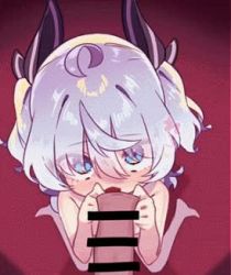 1boy 1girl ahoge animated bar_censor blue_eyes blush censored erection fellatio foreskin foreskin_insertion foreskin_play foreskin_pull hair_tie hetero kneeling loli looking_at_viewer looking_up lowres nude open_mouth oral original penis pov red_background smile tiffany_blews tongue tongue_out tongue_under_foreskin twintails video white_hair