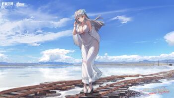 1girl absurdres alternate_costume arm_behind_back bandaged_head bandages bead_bracelet beads blue_flower blue_sky bracelet breasts cleavage cloud cloudy_sky dress earrings flower goddess_of_victory:_nikke hair_flower hair_ornament high_heels highres jewelry large_breasts leaning_forward long_hair modernia_(nikke) official_art outdoors parted_lips railroad_tracks red_eyes second-party_source shoes sky smile solo standing white_dress white_shoes