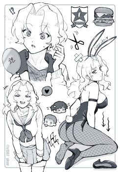 !? 3girls alisa_(girls_und_panzer) alternate_costume alternate_hair_length alternate_hairstyle animal_ear_hairband animal_ears arrow_(symbol) ass breasts burger chibi closed_mouth emblem fake_animal_ears fake_tail fishnet_pantyhose fishnets food girls_und_panzer greyscale hairband heart high_heels highres holding holding_mirror kay_(girls_und_panzer) large_breasts leotard long_hair looking_at_viewer mirror monochrome multiple_girls naomi_(girls_und_panzer) ooarai_school_uniform open_mouth pantyhose parted_bangs pleated_skirt rabbit_ear_hairband rabbit_ears rabbit_tail s1567_ykmr saunders_(emblem) school_uniform scissors short_hair skirt speech_bubble spoken_heart tail teeth thighhighs translation_request twitter_username upper_teeth_only