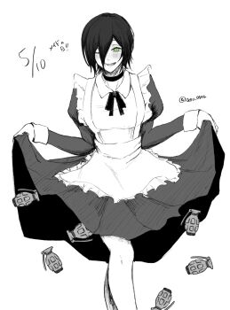 1girl chainsaw_man choker clothes_lift commentary_request dress dress_lift explosive green_eyes grenade greyscale hair_between_eyes highres madaosw medium_hair monochrome neck_ribbon one_eye_closed reze_(chainsaw_man) ribbon solo spot_color twitter_username