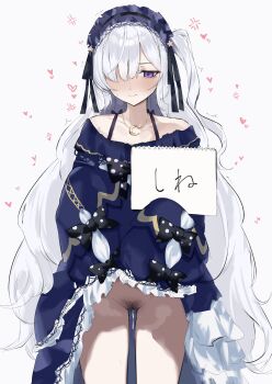 1girl absurdres blue_hairband blush bow closed_mouth clothes_lift commentary crescent crescent_necklace dera_self dress dress_lift female_pubic_hair frilled_dress frills gothic_lolita hairband highres holding holding_sketchbook jewelry lifting_own_clothes lolita_fashion lolita_hairband long_hair mahou_shoujo_no_majo_saiban natsume_an-an necklace no_panties partially_translated polka_dot polka_dot_bow pubic_hair pubic_hair_peek pussy_juice simple_background sketchbook sleeves_past_fingers sleeves_past_wrists solo symbol-only_commentary translation_request variant_set white_background white_hair